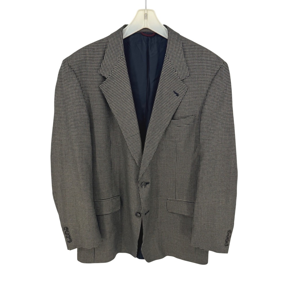 Vtg‎ Hart Schaffner Marx 100% Silk Houndstooth Blazer Sport Coat 44L Navy Tan